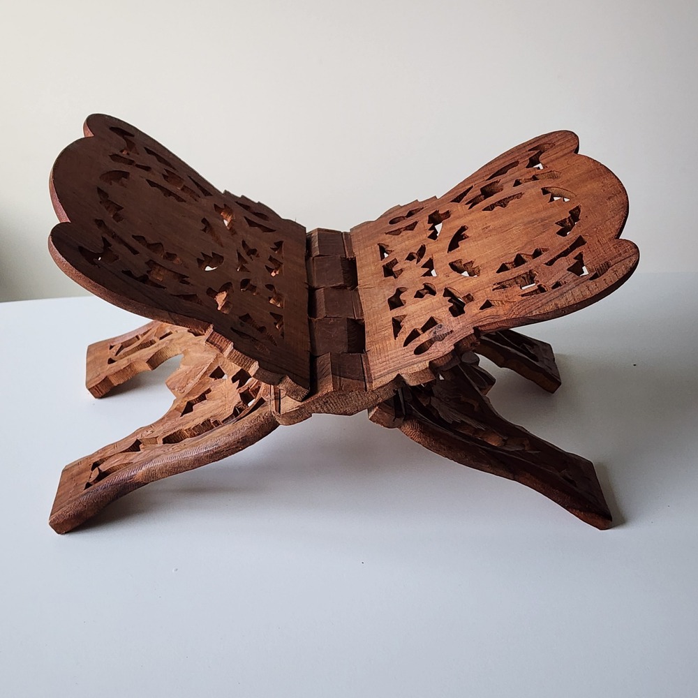 Hand Carved Wood Folding Book Stand Bible Holder Quran Stand Brown Floral Leaf